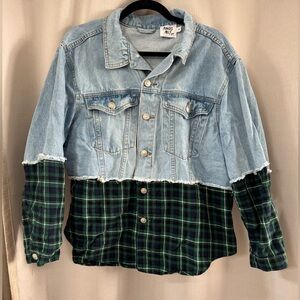 Princess Polly Light Blue Denim Jacket Plaid Sleeves